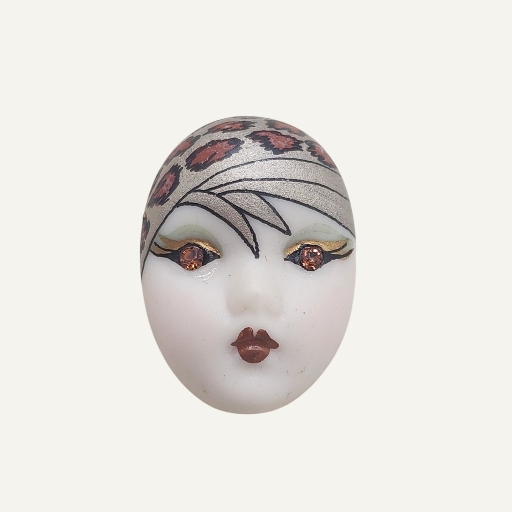 Vintage Adagio Hand Painted Porcelain Face Brooch Swarovski Crystal Leopard